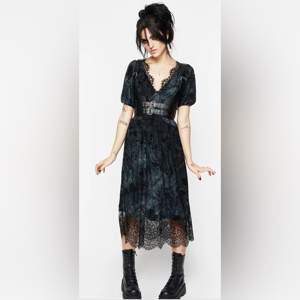 NWT Disturbia Vice Lace Trim Velour Midi Dress - Picture 3 of 8
